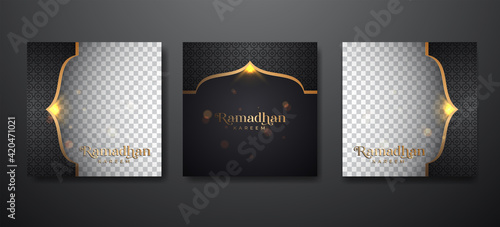 Ramadan background for social media post design template. Islamic banner ad with luxury black gold effect. Editable photo space for content or tag. Vector illustration.