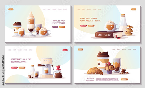Set of web pages for Coffee shop, break, cafe-bar, restaurant. Coffee machine, Cup of coffee, clever dripper, milk, cupcake, croissant, cookies. Vector illustration for poster, banner, website.