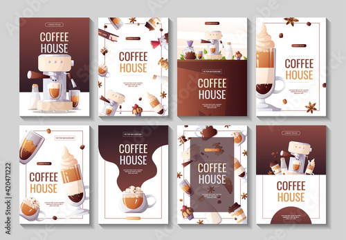 Set of a4 flyters for Coffee shop, Coffee house, cafe-bar, barista, drink. Vector illustration for poster, banner, flyer, advertising, commercial, promo, menu. 