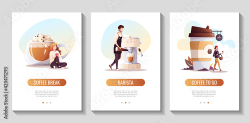 Woman drinking coffee. Barista with huge coffee machine. Woman with coffee in paper cup. Coffee shop, break, cafe-bar, restaurant concept. Set of flyers or banners. A4 vector illustration.