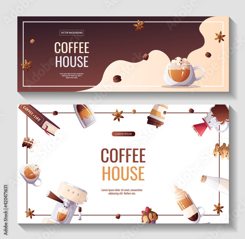 Set of promo sale banners for Coffee shop, Coffee house, cafe-bar, barista, drink. Vector illustration for poster, banner, flyer, advertising, commercial, promo, menu. 