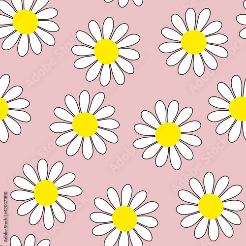 Camomile seamless vector pattern. White flowers with yellow centers on pastel pink background. Flower gentle ornament. Cute plant illustration for wallpaper  wrapping paper  clothing  print  packaging