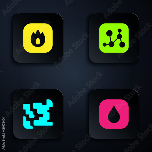Set Water drop, Fire flame, Gaseous and Chemical formula. Black square button. Vector