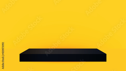 Product showcase with black stand podium on yellow room background. Use as montage for product display