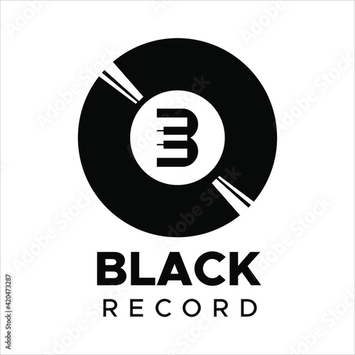 Vynil record and Piano with letter B. Black record logo design idea for company and website