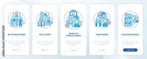 Tips of how to motivate people onboarding mobile app page screen with concepts. Telling motivation story walkthrough 5 steps graphic instructions. UI vector template with RGB color illustrations