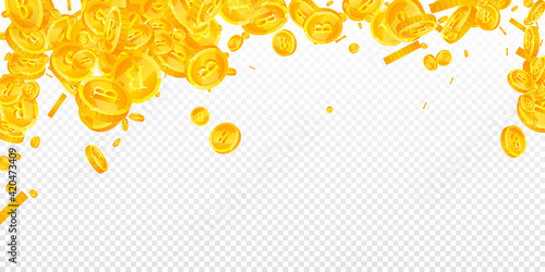 Bitcoin, internet currency coins falling. Grand scattered BTC coins. Cryptocurrency, digital money. Exceptional jackpot, wealth or success concept. Vector illustration.