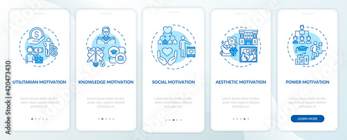 Motivational factors onboarding mobile app page screen with concepts. Inspiration for work and education walkthrough 5 steps graphic instructions. UI vector template with RGB color illustrations