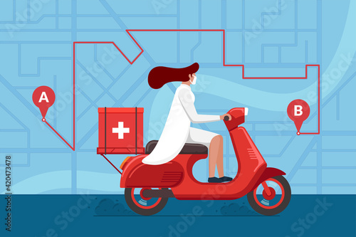 Medicine motorbike woman delivery pharmacy. Vector female doctor in helmet riding retro scooter with medical surgical sanitary box first aid on city street map plan with navigation route