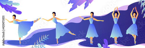 Dancing, ballet, teaching set concept. Young woman ballet dancer. Graceful girl is being taught ballet. Cheerful female ballerina loves dancing and doing performance. Isolated flat vector illustration