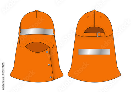 Orange UV protection Trucker Cap With Silver Reflective Tape On Front Crown and Back, Adjustable Buckle Closure Strap Vector.