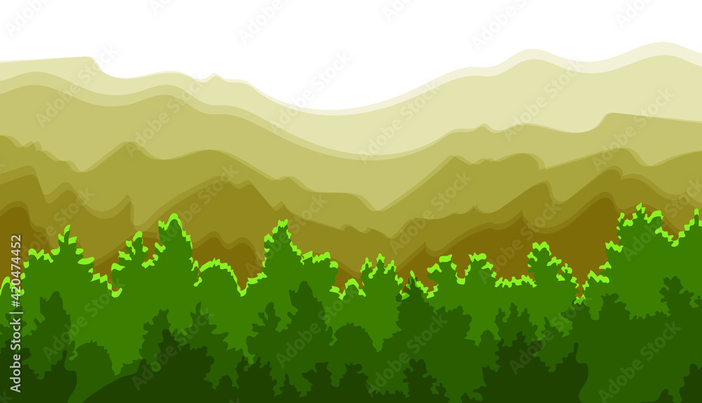 Vector Mountains Background, Green Forest, Colorful Illustration, Flat Layers, Graphic Backdrop, Wild Nature, Warm Colors.
