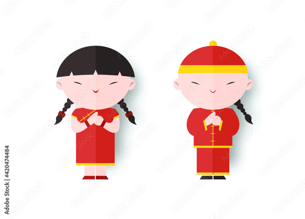 Naklejka premium Boy and Girl in chinese costume.