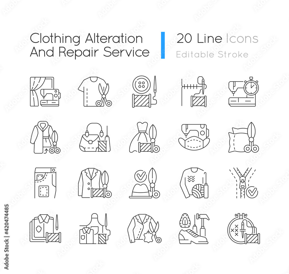 Clothing alteration and repair services linear icons set. Professional upholstery. Garment restoration. Customizable thin line contour symbols. Isolated vector outline illustrations. Editable stroke Clothing alteration and repair services linear icons set. Professional upholstery. Garment restoration. Customizable thin line contour symbols. Isolated vector outline illustrations. Editable stroke