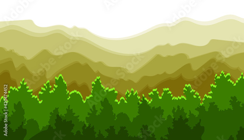 Vector Mountains Background  Green Forest  Colorful Illustration  Flat Layers  Graphic Backdrop  Wild Nature  Warm Colors. 