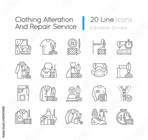 Clothing alteration and repair services linear icons set. Professional upholstery. Garment restoration. Customizable thin line contour symbols. Isolated vector outline illustrations. Editable stroke