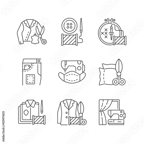 Sewing services linear icons set. Leather outfit. Button replacement. Embroidery and cross stitching. Customizable thin line contour symbols. Isolated vector outline illustrations. Editable stroke