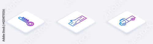 Set Isometric line Meteorology thermometer, Wooden log and Pickup truck. White square button. Vector