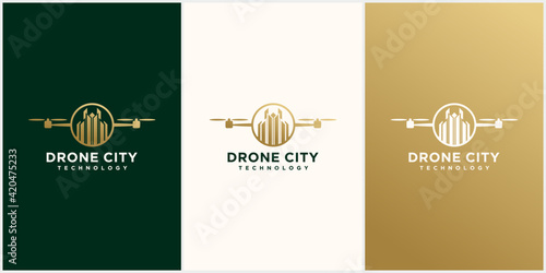 Drone city logo template design. drone image and city in gold
