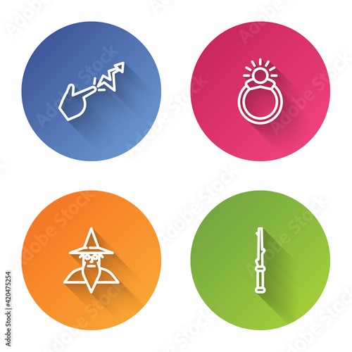 Set line Spell, Magic stone ring with gem, Wizard warlock and wand. Color circle button. Vector