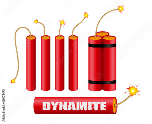 set of realistic dynamite with burning wick or realistic bomb firecrackers or red bomb  fireworks with burning fuse. eps 10 vector, easy to modify