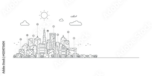 Smart city with smart services and icons, internet of things, networks and augmented reality concept.