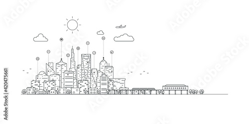Smart city with smart services and icons, internet of things, networks and augmented reality concept.