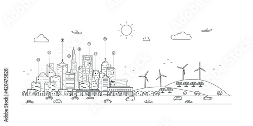 Smart city with smart services and icons, internet of things, networks and augmented reality concept.