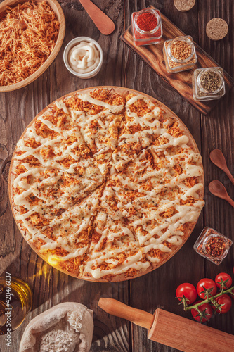 Obraz na plátne Pizza with mozzarella, chicken, catupiry and oregano (Frango com Catupiry) - Top view