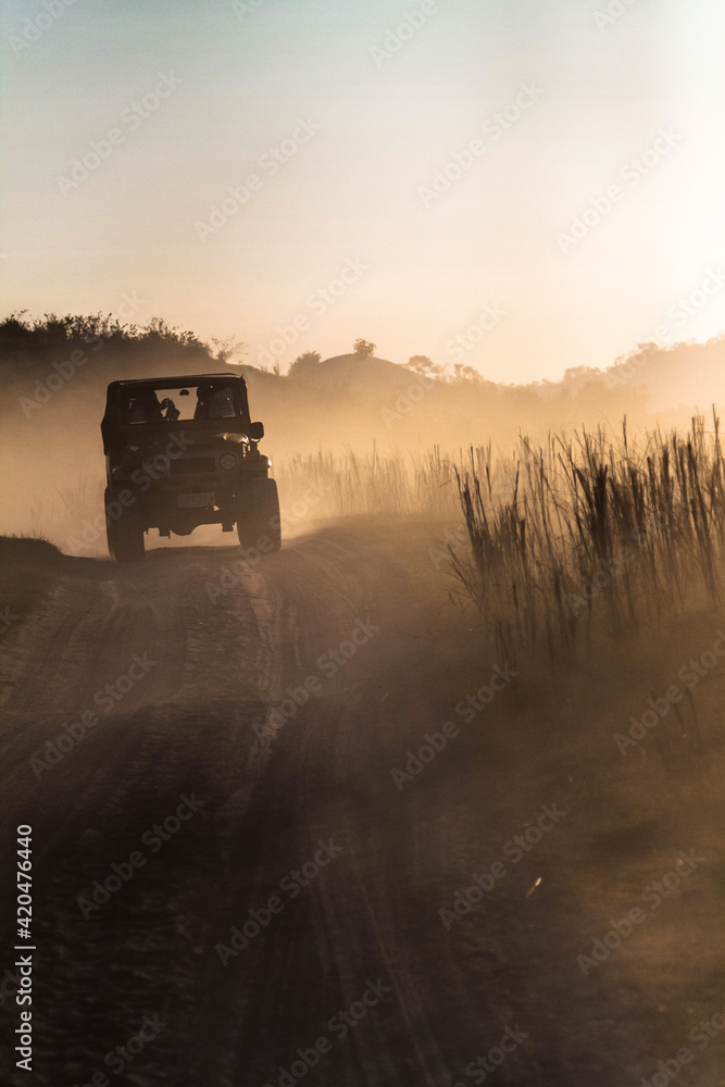 Fototapeta premium off road 4x 4 travel in the rocky terrain going towards Mt. Pinatubo crater in Zambales, Philippines.