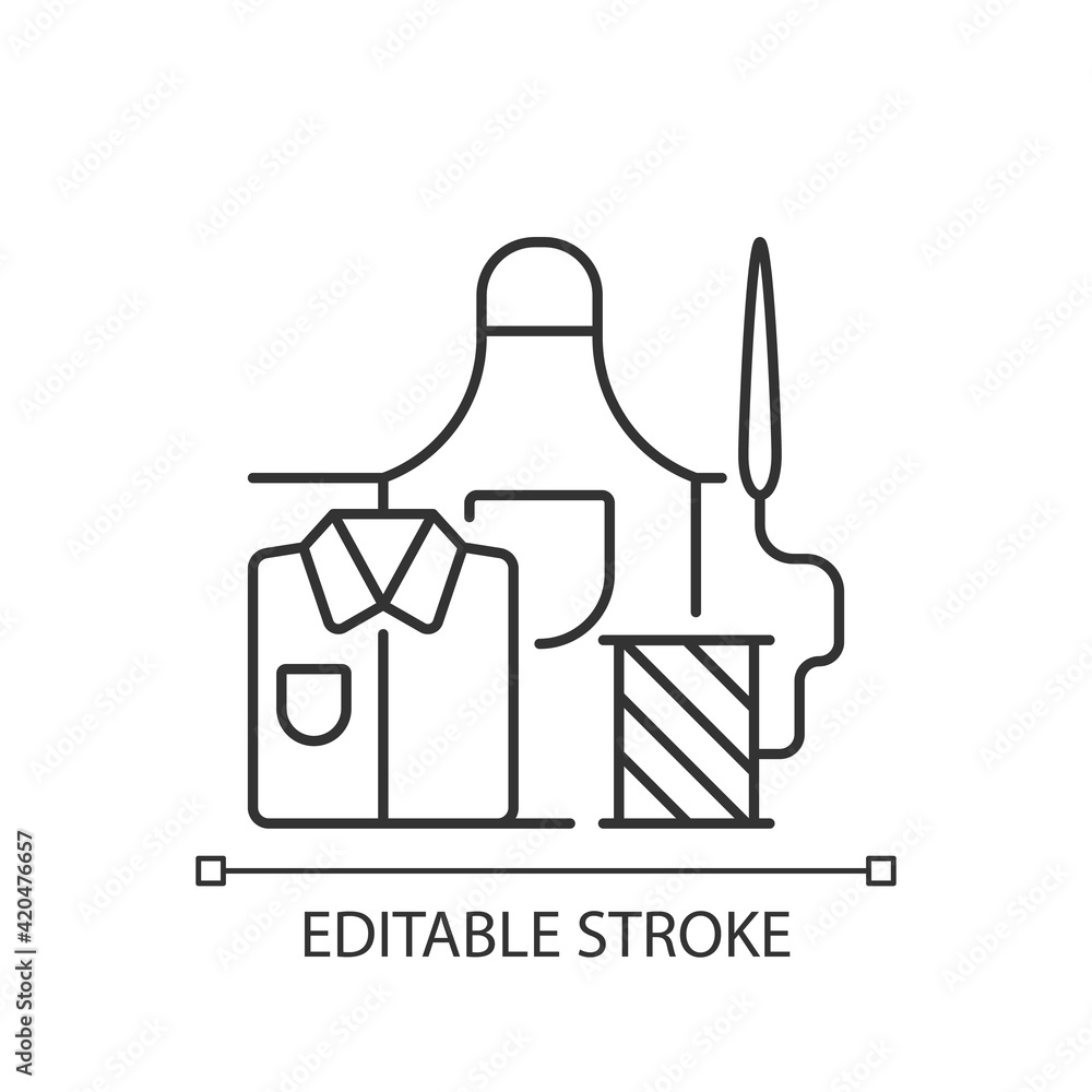 Work clothes repair linear icon. Sewing industrial outfit on manufacture. Needlecraft workshop. Thin line customizable illustration. Contour symbol. Vector isolated outline drawing. Editable stroke