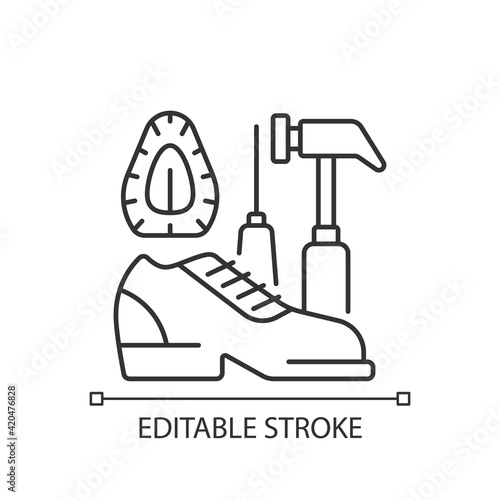 Shoe repair and reconditioning linear icon. Professional shoemaker. Instruments to fix boots. Thin line customizable illustration. Contour symbol. Vector isolated outline drawing. Editable stroke
