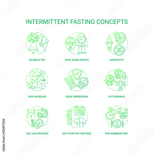 Intermittent fasting dark green concept icons set. No belly fat. Anti-aging effect. HGH increase. Gene expression. Diet idea thin line RGB color illustrations. Vector isolated outline drawings