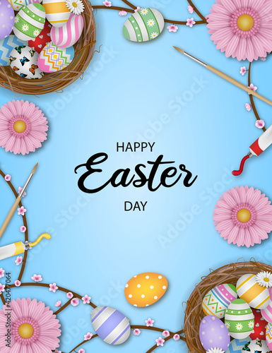 happy easter poster with colorful eggs in the nest and flowers