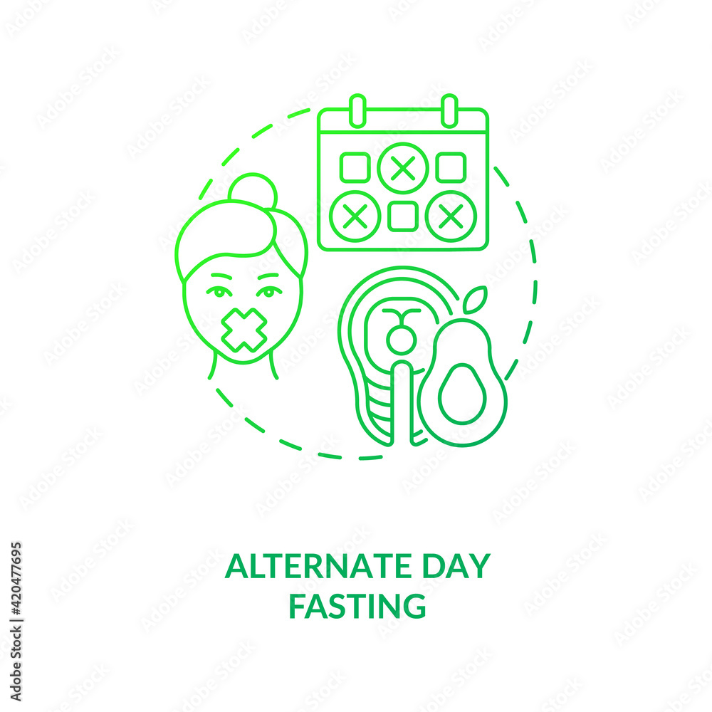 Alternate day fasting dark green concept icon. Diet plan. Eating pattern. Weight loss. Intermittent fasting dieting idea thin line illustration. Vector isolated outline RGB color drawing Alternate day fasting dark green concept icon. Diet plan. Eating pattern. Weight loss. Intermittent fasting dieting idea thin line illustration. Vector isolated outline RGB color drawing