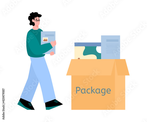 Man developer devops specialist puts documents in box a vector illustration.