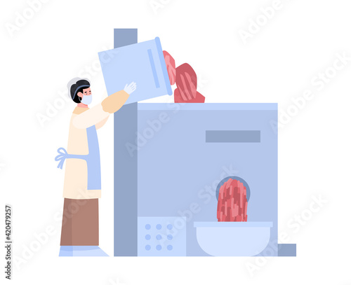 Meat plant worker serving meat grinder, cartoon vector illustration isolated.