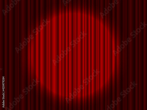 Curtain on stage. Red background with spotlight in theater or cinema. Red closed velvet curtain for circus, theatre, scene, club. Background wirh light of projector for ceremony on broadway. Vector.