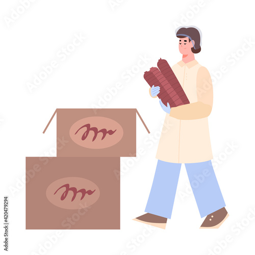 Worker of meat processing factory packaging sausages in cardboard boxes.