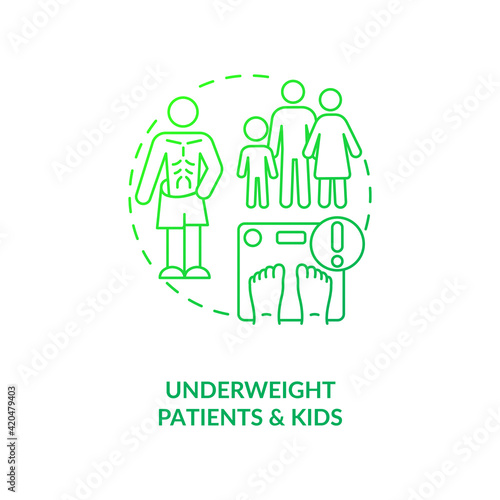 Underweight patients and kids dark green concept icon. Health problem. Eating disorder. Intermittent fasting precaution idea thin line illustration. Vector isolated outline RGB color drawing