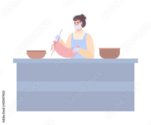Worker of meat processing factory is cooking sausages a vector illustration