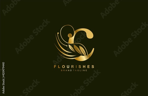 lowercase letter c linked beauty flourish golden color logo design