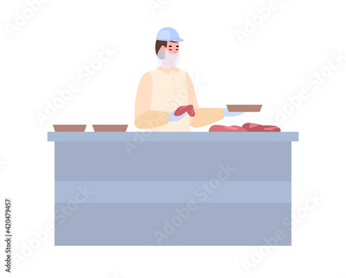 Meat processing factory worker packs meat, cartoon vector illustration isolated.