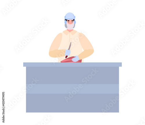 Worker cutting meat on processing plant, cartoon vector illustration isolated.