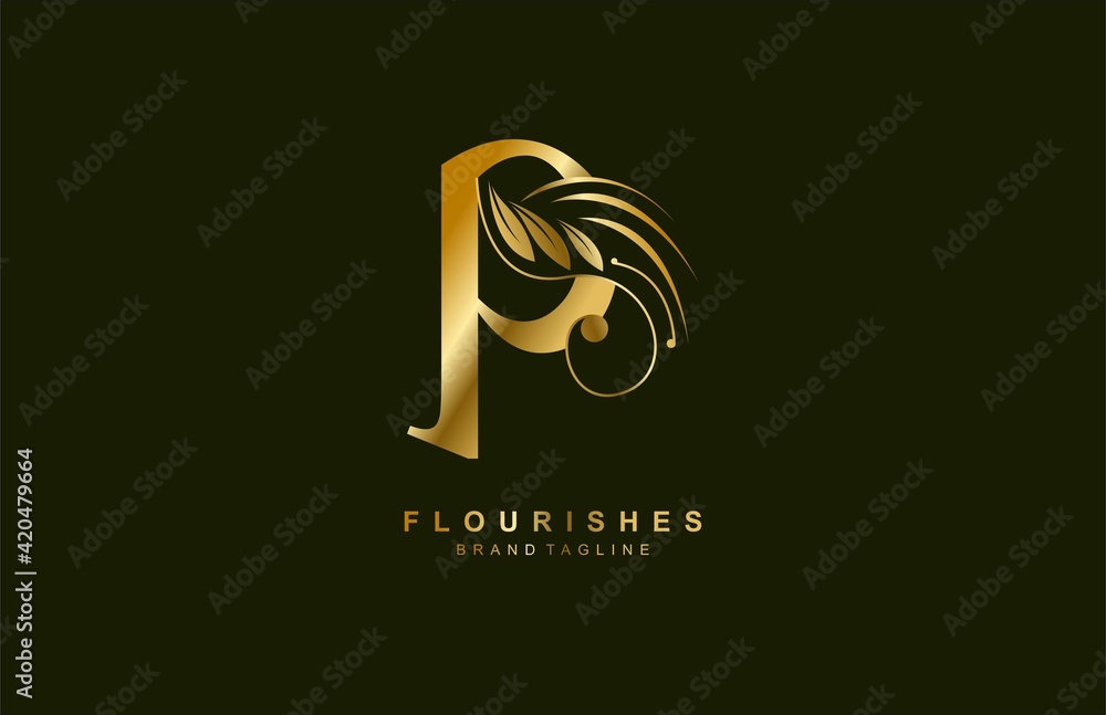 Obraz premium lowercase letter p linked beauty flourish golden color logo design