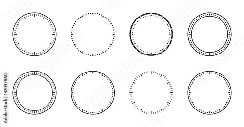 Clock face. Dial of watch. Circles of clock faces for time. Simple graphic icon isolated on white background. Design of outline of watch for wall. Modern blank timer. Silhouette of stopwatch. Vector