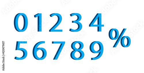 3d number with percent. Font of number for advertising and discount. Icon of 0, 1, 2, 3, 4, 5, 6, 7, 8, 9. Set of blue signs for price, numeral and money. Collection of figure for creative. Vector