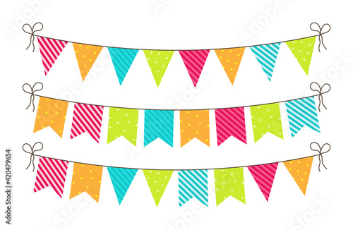 Bunting for party, birthday, carnival and event. Bright banners and flags of decoration. Hanging string, triangles, garland for fun. Blue, green, pink, orange colors. Celebration anniversary. Vector