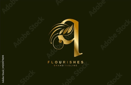 lowercase letter q linked beauty flourish golden color logo design