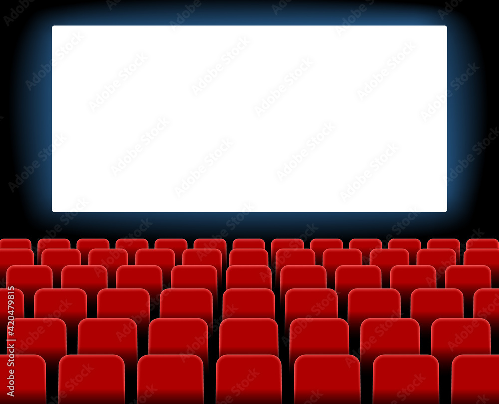 Cinema screen. Cinema with screen and seat. Theater hall with interior. Auditorium for movie, theatre. Empty stage for film. Red chair with scene for presentation. Background for advertising. Vector
